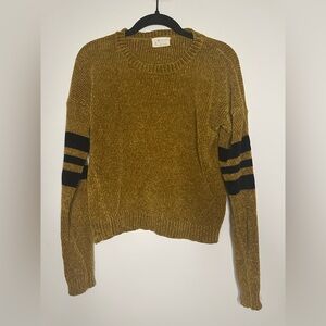 Poof Apparel Mustard Chenille Crop Sweater with Stripe Sleeves (M)